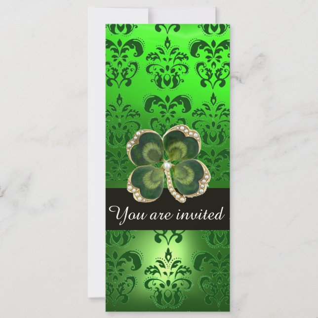 GREEN DAMASK,GOLD SHAMROCK JEWEL WITH WHITE PEARLS INVITATION (Front)