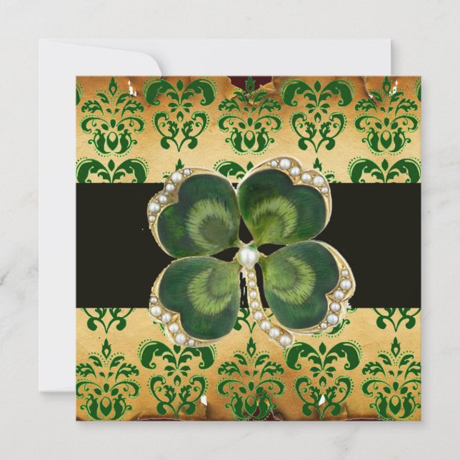 GREEN DAMASK,GOLD SHAMROCK JEWEL WITH WHITE PEARLS INVITATION (Front)