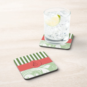 Green Damask, Green Stripes, Striped, Monogram Coaster