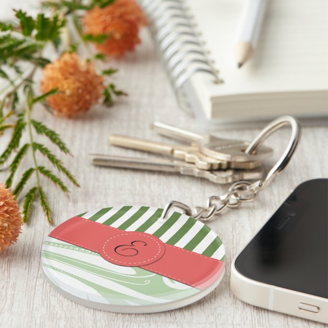 Green Damask, Green Stripes, Striped, Monogram Key Ring (Front Right)