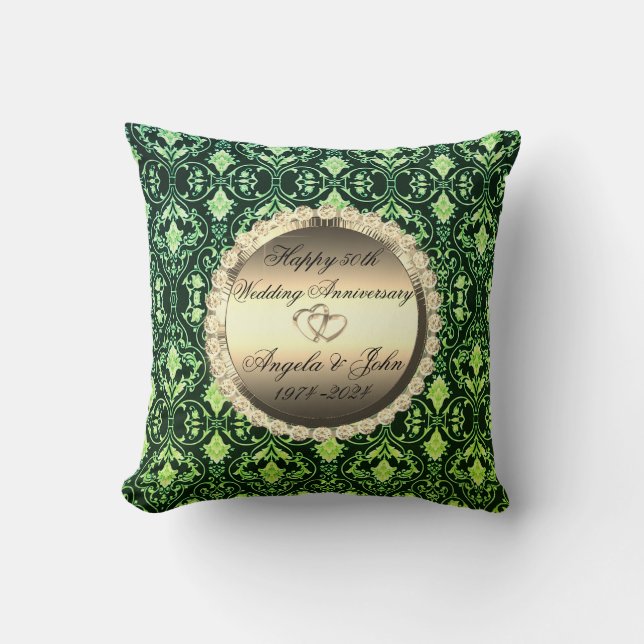  Green Damask Hearts 50th Wedding Anniversary Cushion (Front)