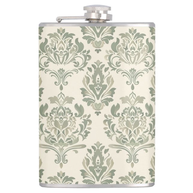 Green Damask Hip Flask (Front)