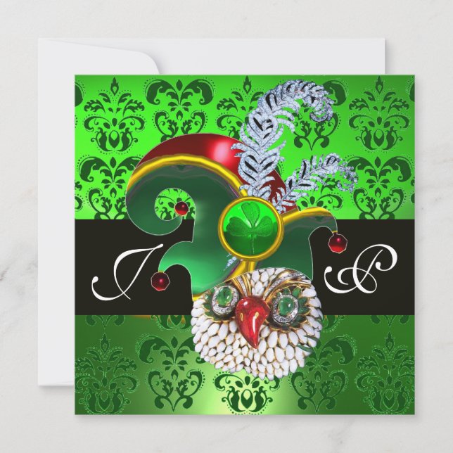 GREEN DAMASK ,JEWEL OWL ,ELF HAT,DIAMOND  FEATHERS INVITATION (Front)