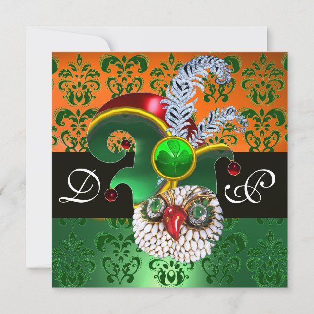 GREEN DAMASK ,JEWEL OWL ,ELF HAT,DIAMOND  FEATHERS INVITATION (Front)