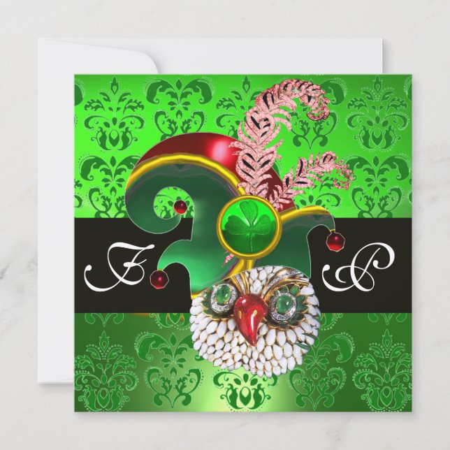 GREEN DAMASK ,JEWEL OWL ,ELF HAT,DIAMOND  FEATHERS INVITATION (Front)