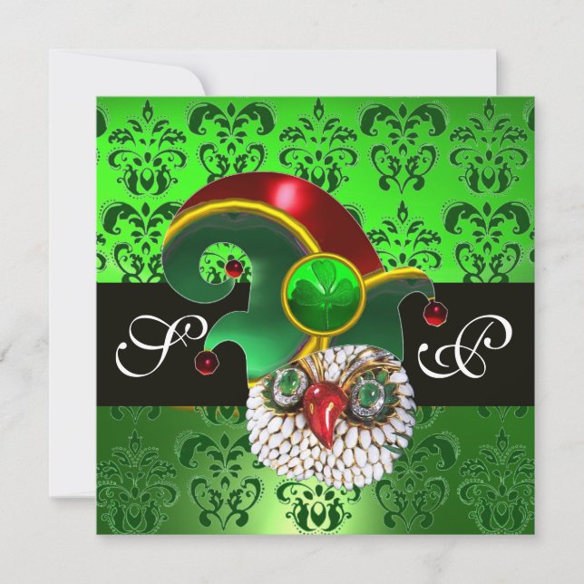 GREEN DAMASK ,JEWEL OWL WITH ELF HAT MONOGRAM INVITATION (Front)