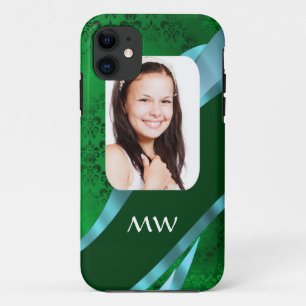 Green damask monogram photo template iPhone 11 case