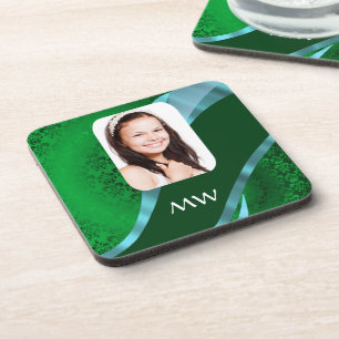 Green damask monogram photo template coaster