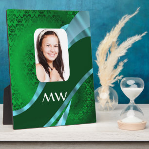 Green damask monogram photo template plaque