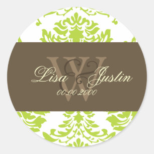 Green Damask monogram wedding stickers