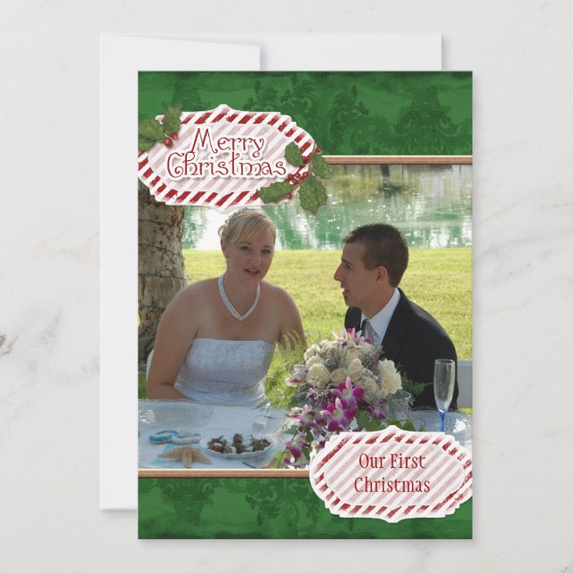 Green Damask n Holly Photo Christmas Card (Front)