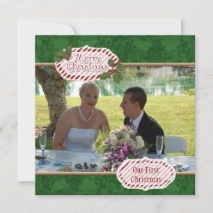Green Damask n Holly Photo Christmas Card