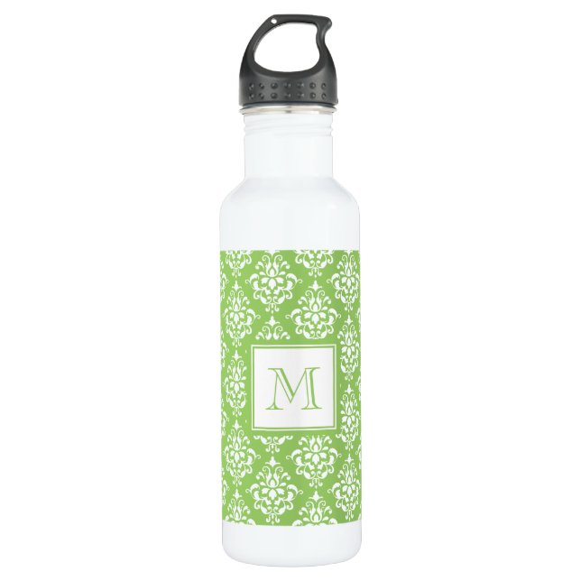 Green Damask Pattern 1 with Monogram 710 Ml Water Bottle (Front)