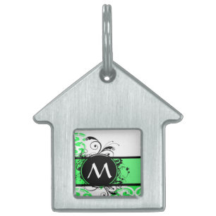 Green damask pattern monogram pet name tag