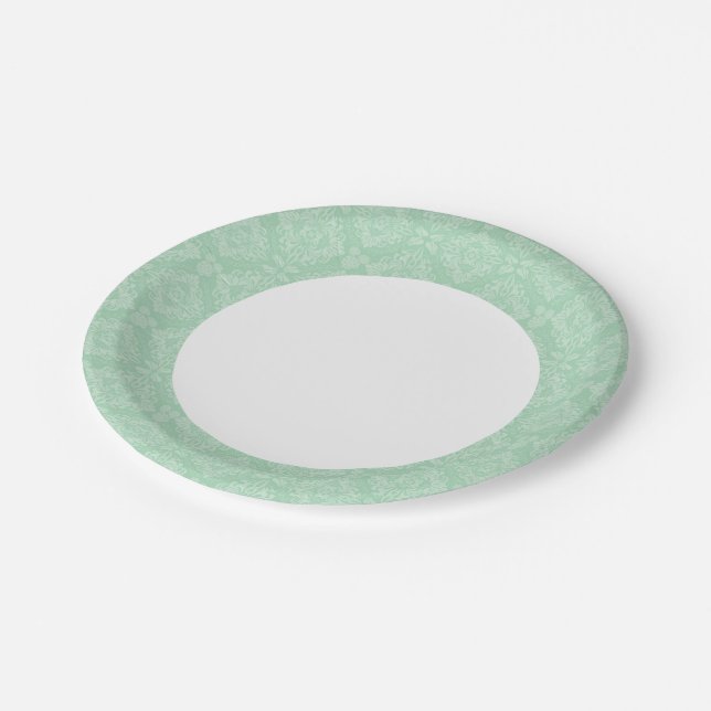 Green damask pattern paper plate (Angled)