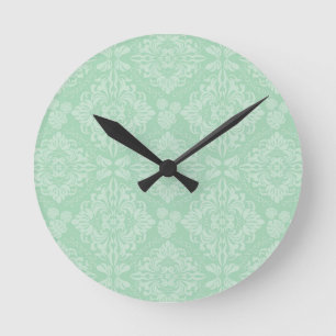 Green damask pattern round clock