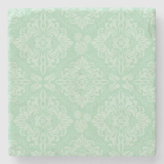 Green damask pattern stone coaster (Front)