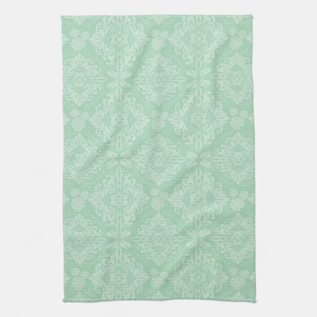 Green damask pattern tea towel (Vertical)