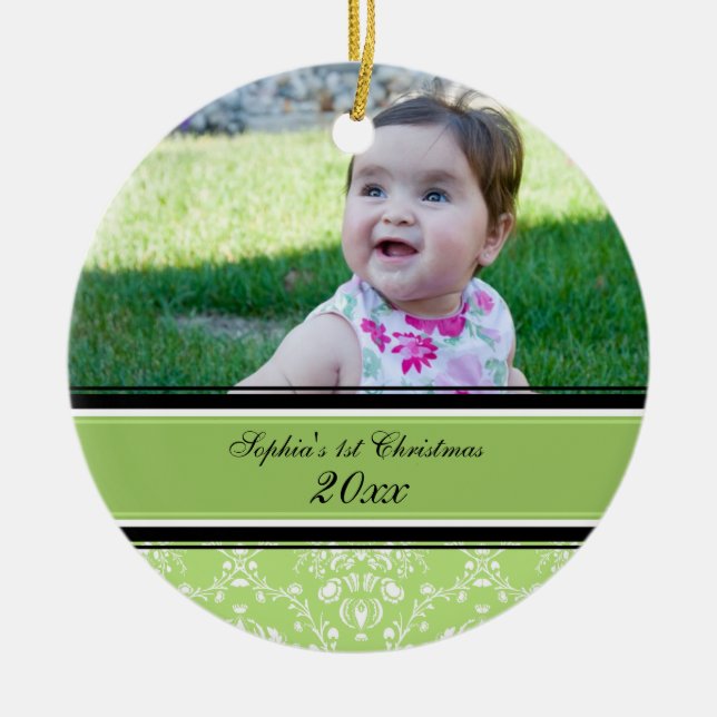Green Damask Photo Baby's 1st Christmas Ornament (Front)