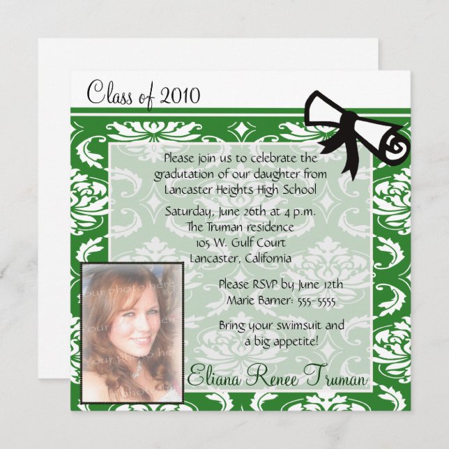 Green Damask Photo Graduation Invitation (Front/Back)
