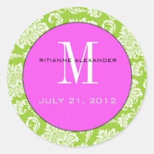 Green Damask Pink Monogram Wedding Sticker