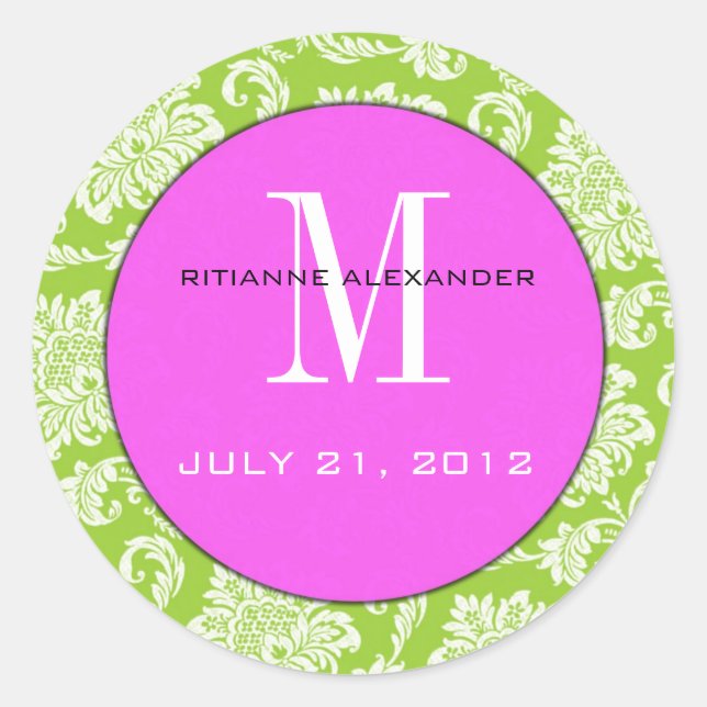 Green Damask Pink Monogram Wedding Sticker (Front)