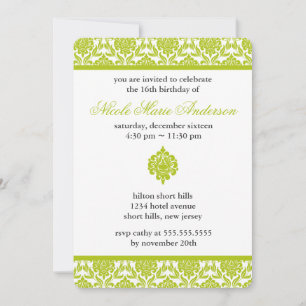 Green Damask Sweet Sixteen Birthday Invitation