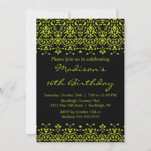 Green Damask Sweet Sixteen Birthday Invitation