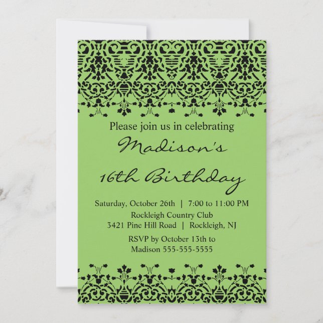 Green Damask Sweet Sixteen Birthday Invitation (Front)