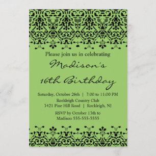 Green Damask Sweet Sixteen Birthday Invitation