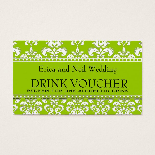 Green Damask Wedding Drink Voucher for Reception (Front)