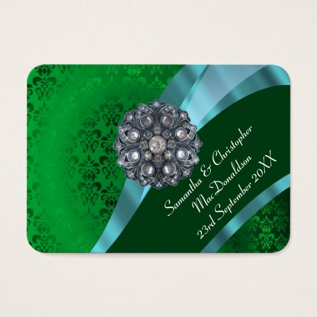 Green damask, wedding favour thank you tag (Front)