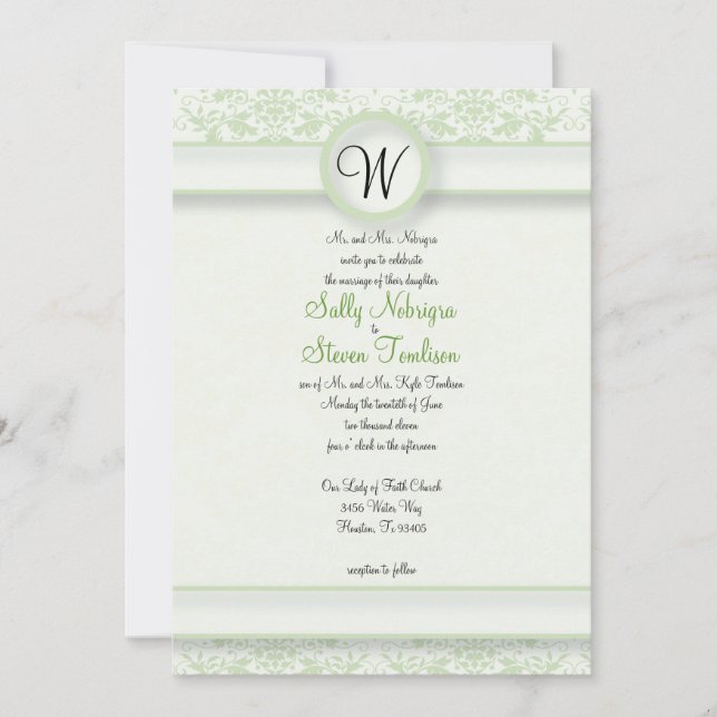 Green Damask Wedding Invitation (Front)