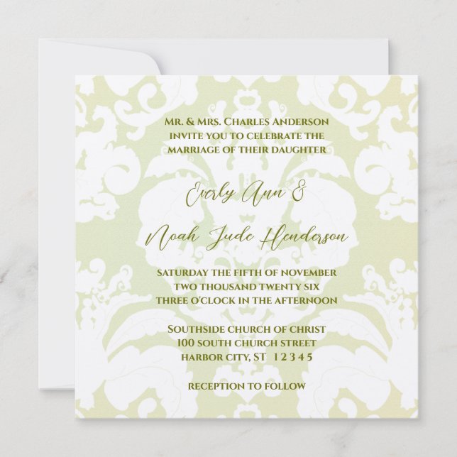 Green Damask Wedding Invitations (Front)
