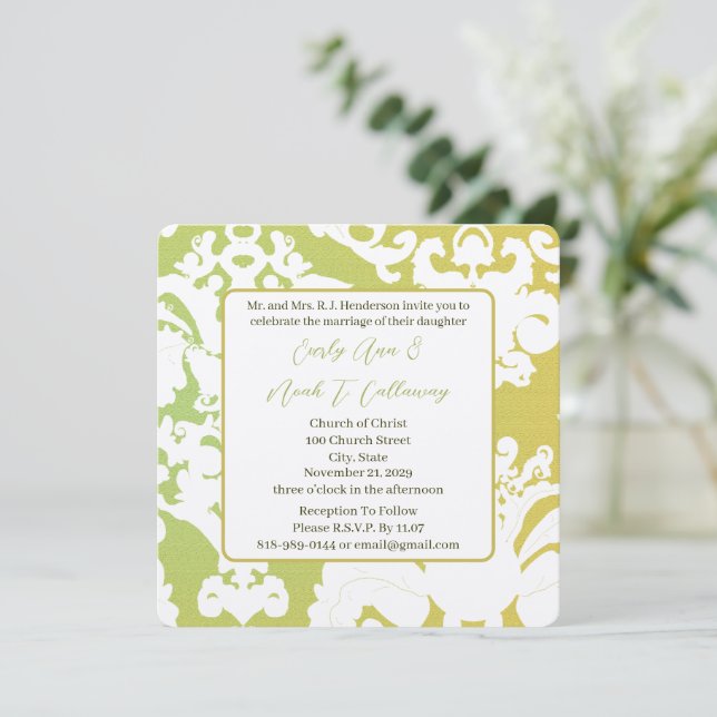 Green Damask Wedding Invitations (Standing Front)