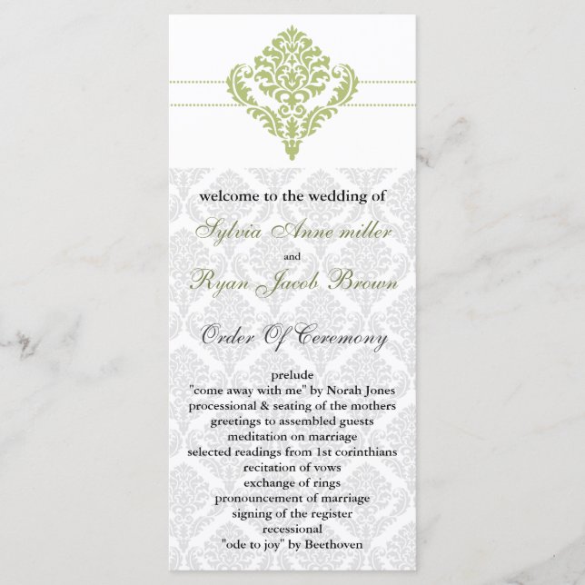 green damask Wedding program Programme (Front)