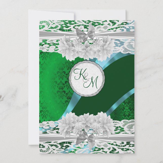 Green damask white lace monogram wedding invitation (Back)