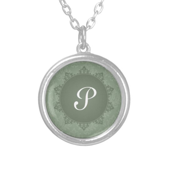 Green Damask with Initial Silver Plated Necklace