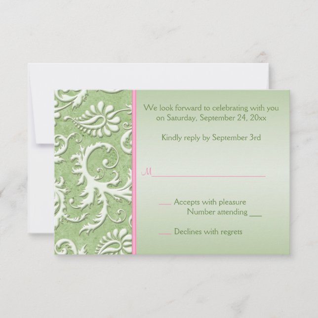 Green Damask with Pink Reply Card (Front)