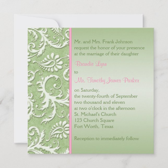 Green Damask with Pink Wedding Invitation (Front)