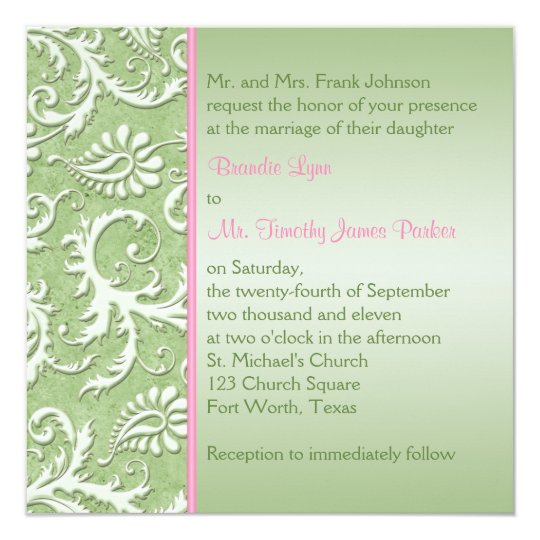 Green Damask with Pink Wedding Invitation