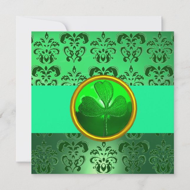 GREEN DAMASK WITH SHAMROCK ,black Gold Invitation (Front)