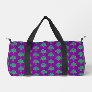 Green damasks pattern on purple duffle bag