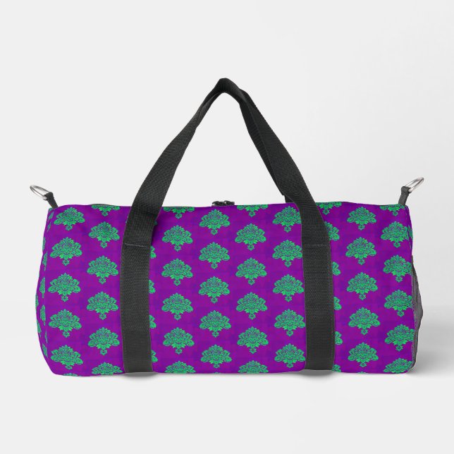 Green damasks pattern on purple duffle bag (Front)