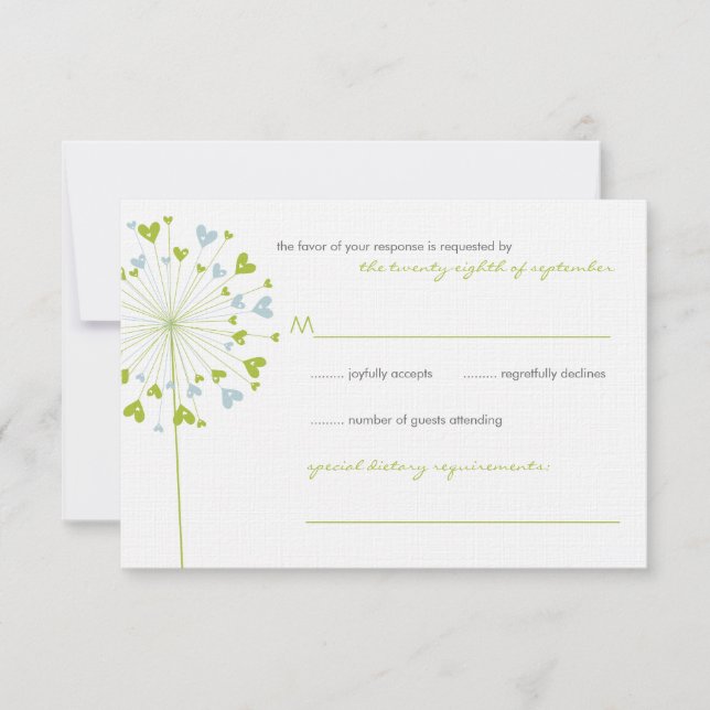 Green Dandelion Flowers Love Wedding RSVP Card (Front)