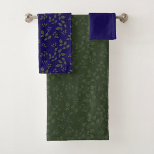 Green dark blue green pattern leaves  bath towel set