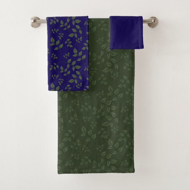 Green dark blue green pattern leaves  bath towel set (Insitu)
