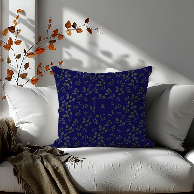 Green dark blue pattern leaves monogram cushion (Creator Uploaded)