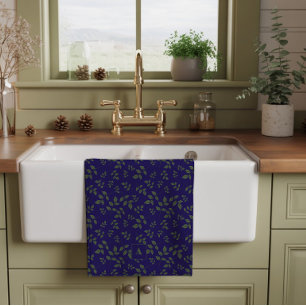 Green dark blue pattern leaves monogram tea towel