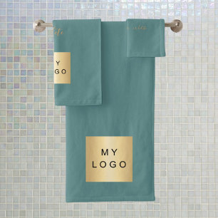 Green dark cyan gold text company business logo bath towel set